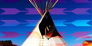 A tipi with a geometric blue, purple, and orange pattern overlay, set on a dusty terrain with a log cabin and wooden building nearby.