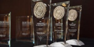 Award trophies lined up on a table