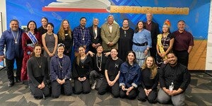 Group photo of Labriola staff, Miss Indigenous ASU, President Moore, and Maori dancers from Ōkāreka Dance Company