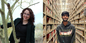 Split image of a person outdoors by a tree and another person in a document archive aisle.