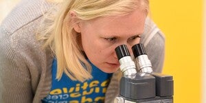 person looking through a microsope