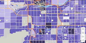 A screenshot of PolicyMap showing the median rent in Tempe for a two-bedroom apartment