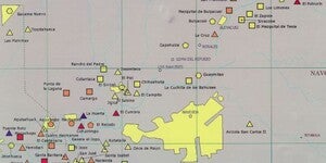 close up of one of the linguistic maps with the concentrations of the speakers of the Maya/ Maaya T'aan language depicted by the various shapes. The yellow color of the shapes signifies a 5-25% margin of the local population that is fluent in the given language.