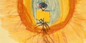 A color painting of an elevated Yellow Boat going into the sun, painted by Benjamin Saar, circa age seven.