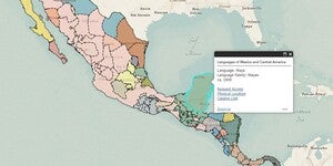 Screen grab of Linguistic Map of Mexico and Central America with pop-up box showing language and language family