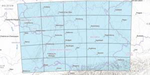 A 5x5 rectangular grid over southwest Germany, showing the extent of the new map collection.