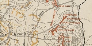 A zoom in on the troop positions to show them in greater detail. The names of regiments and divisions, as well as the names of their commanding officers can be seen, and descriptions of fortifications such as trenches and gun emplacements