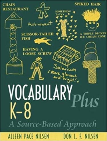 Cover of "Vocabulary Plus K-8" featuring yellow drawings on a blackboard