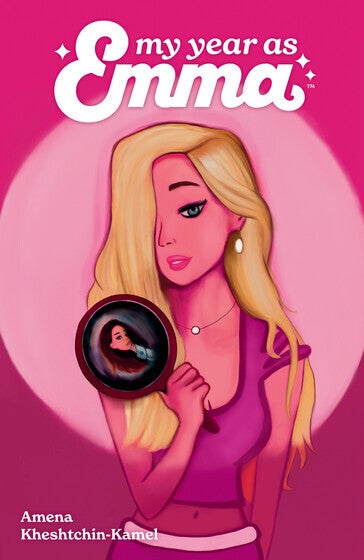 Illustration of a blonde woman looking into a hand mirror with a pink background