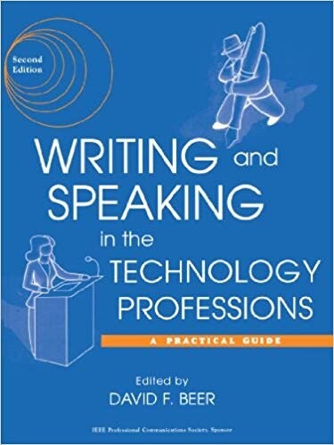 Cover of "Writing and Speaking in the Technology Professions" featuring cartoons of a woman at a podium and a man carrying a large pen