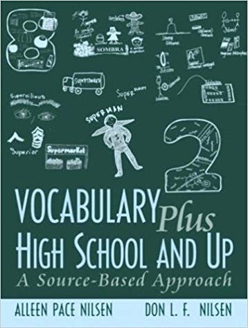 Cover of "Vocabulary Plus High School and Up" featuring drawings on a blackboard