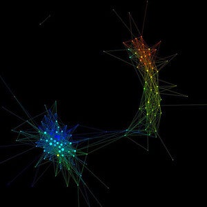 A visualization of concepts extracted from the journal American Economic Review (1960-2010).  Each point is a concept and each line indicates the concepts are featured together. Blue indicates that the concept appears in more recent articles and red indicates older articles.