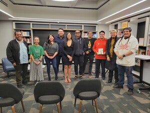 Pictured above: Tait Wilson (Tohono O'odham), Yitazba Leigh (Diné), Lindsey Curley (Diné) Jake Skeets (Diné), Sarah Chiago (SRPMIC), Ruben Cu:k Ba’ak (Tohono O’odham), Chris Luna (Coahuiltecan/Chichimeca), Eli Shepherd (Diné), Dakota Yazzie (Diné), Nataani Hanley-Moraga (Diné)