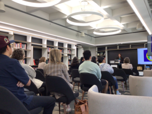 Photo of Dr. Valerie Lambert presenting her book, Native Agency: Indians in the Bureau of Indian Affairs in the newly renovated Labriola Center space.