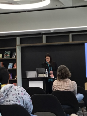 Dr. Lambert presenting at the Labriola Book Award in newly rennovated space