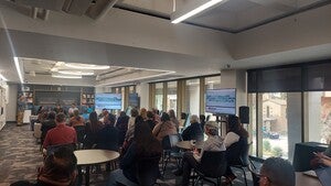 Crowd gathered in the Labriola Center 204 for the panel discussion with ALA President Cindy Hohl and speakers.