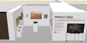 An oblique view of the 3D Dutton’s Atlas exhibit. Art shown from left to right: Geologic Map of the Mesozoic Terraces, portraits of Clarence Dutton and William Henry Holmes, Land of Standing Rocks, a Gable with Pinnacles, Geologic Map of the Grand Canyon District, Lava Falls at Inner Gorge, Looking up the Toroweap from Vulcan’s Throne, Views of the Marble Canyon Platform from the Eastern Brink of the Kaibab, a 3D printed painting of the Grand Canyon, and a map of Powell’s Plateau.