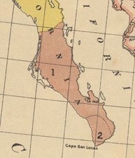 Southern Baja Peninsula magnified to show location of the now extinct Waïcurian language