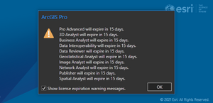 Screenshot of Esri license expiration warning