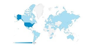 A world map with a gradational blue overlay showcasing the frequency of visitations to the 3D Explorer in various countries. The United States is dark blue while 77 other countries are light blue. Countries with no visitations are in gray.