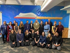 Group photo of Labriola staff, Miss Indigenous ASU, President Moore, and Maori dancers from Ōkāreka Dance Company