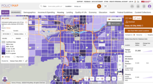 A screenshot of PolicyMap showing the median rent in Tempe for a two-bedroom apartment