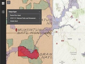 An example of the Swipe Tool in motion. A vertical bar separates the map with the older map to the left and a modern-day map on the right. 