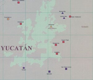 A zoomed in portion of one of the maps that focuses on the Mayan language family, with villages of differing sizes shown and percentage of native speakers shown.