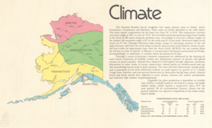 An image showing the climates of Alaska, with arctic in the north, maritime in the south, continental inland, and transitional between continental and maritime