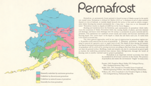 A map showing the area of continuous permafrost, discontinuous permafrost, isolated permafrost, and areas that are permafrost free.