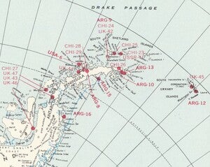 Peninsula magnified to show 17 research stations from Chile, United Kingdom, Argentina, United States, and Soviet Union in close proximity