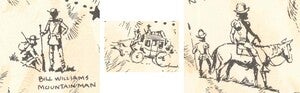 Magnified images of small illustrations of Arizona Mountain men, the Overland Stagecoach, and Spanish Conquistadors on Horseback