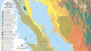 Magnified portion of the 1980 Biotic Communities of the Southwest map, featuring the legend and the Baja Peninsula region. 