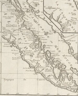 Map five magnified to show Baja Peninsula in greater detail with a relatively accurate coastline and other topographic and geographic features