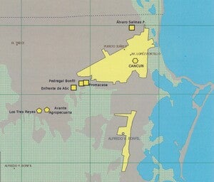 close up of the city of Cancun with the concentrations of the speakers of the Maya/ Maaya T'aan language depicted by the various shapes. The yellow color of the shapes signifies a 5-25% margin of the local population that is fluent in the given language.