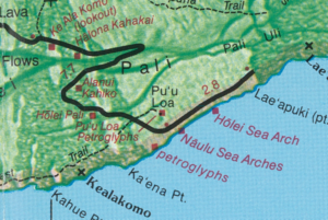 A portion of the map showing the terminating end of the Chain of Craters road with the locations of the sea arches and Petroglyphs marked.