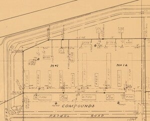 Compound 1 magnified to show several barracks, bathhouses, and officer housing