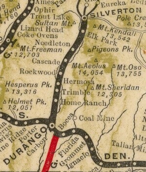 Rail line connecting Durango to Silverton magnified to show other towns on the line, nearby mountain elevations, and mine markers