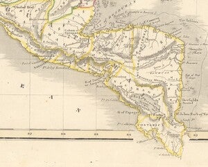 a zoom-in on the lower portion of the map, showing central america. While the individual states are named individually, ‘Guatimala’ stretches across all of them. 