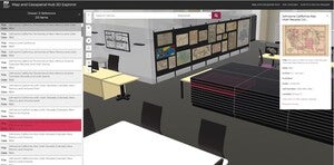 View of the 3D Explorer Application showing 3D modeled Map and Geospatial Hub with an informational sidebar of drawer inventory and a pop-up featuring a map and it’s information