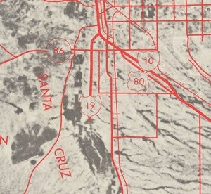 A zoom in on a section of the map showing the I10-I19 interchange, and that I-19 does not yet reach the border.