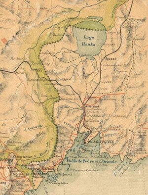 Lake Khanka magnified to show Korea-Manchuria border and surrounding area