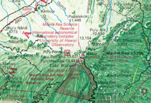 A portion of the map showing the Mauna Kea Observatories and the Mauna Kea Ice Age Natural area.