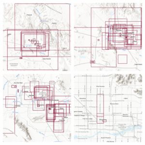 4 screenshots displaying the web app’s zoom function by showing the different maps that become visible as the user zooms in