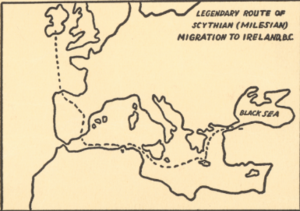 Inset showing the legendary route taken by the milesians from the black sea to Spain and then to Ireland. 