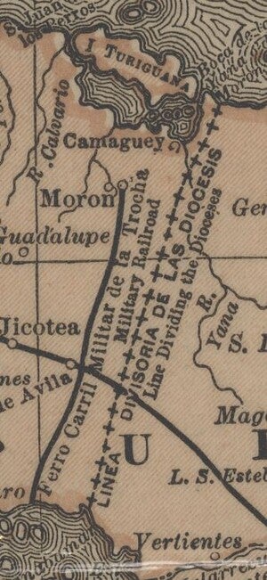 North-South railroad line magnified to show label reading “Ferro Carril Militar de la Trocha” translating to Military Railroad