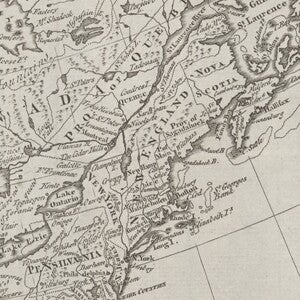 New England magnified to show differing territories of Pennsylvania (spelled Pensilvania), New York, New Hampshire, and Maine