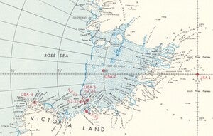 Ross Sea area magnified to show several United States and New Zealand stations and one U.S. station on the south pole