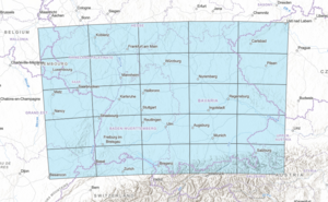 A 5x5 rectangular grid over southwest Germany, showing the extent of the new map collection.