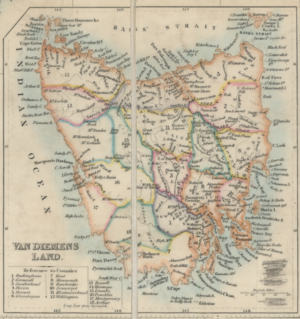 A small inset of Tasmania showing its subdivisions. It is labeled Van Diemens Land.